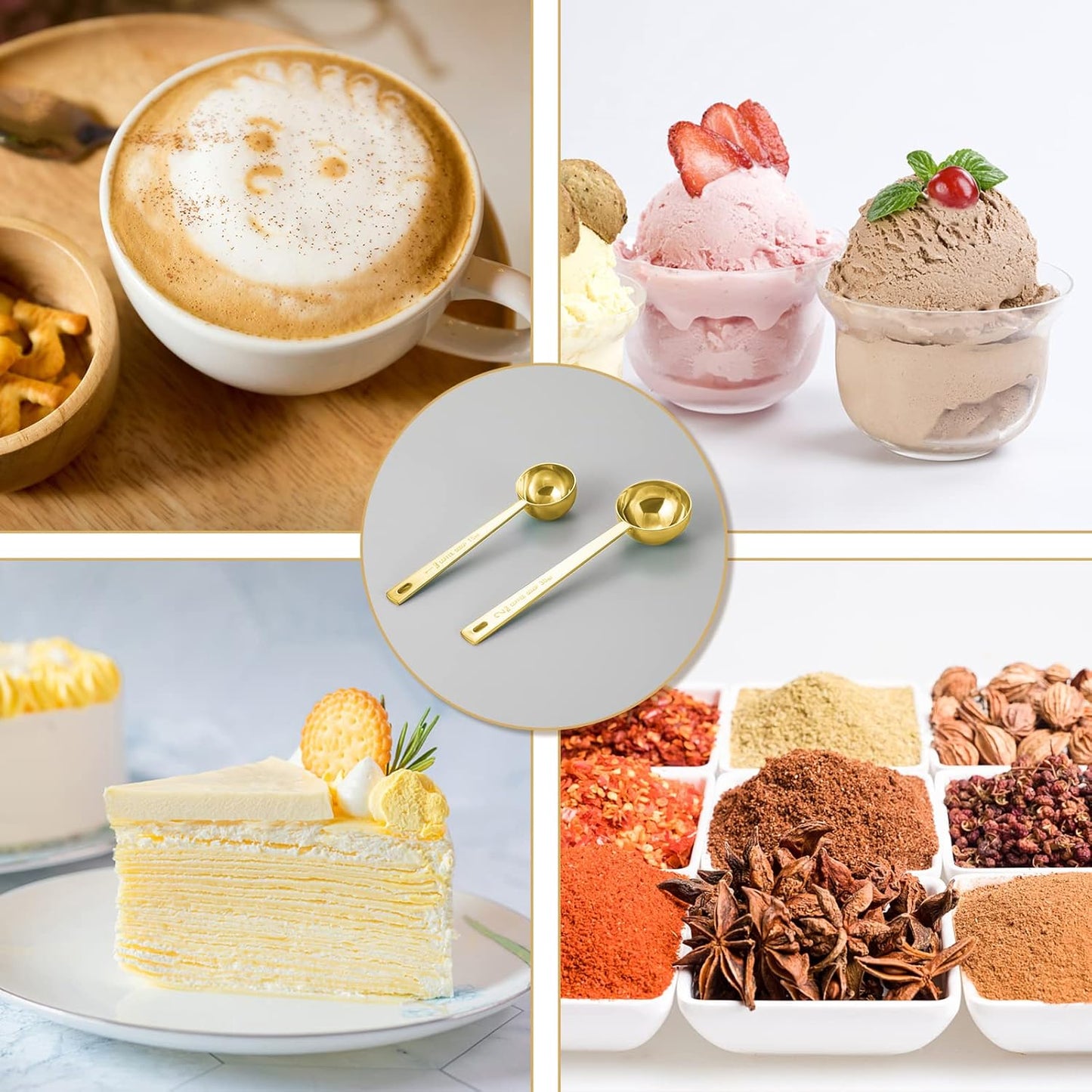 Premium Coffee Scoop Set, Set of 2, Metal Stainless Steel Long Handle Coffee Scoop, Measuring Coffee Spoons Contains 1 Tablespoon (15 ml) and 2 Tablespoons (30 ml) Spoon-Gold