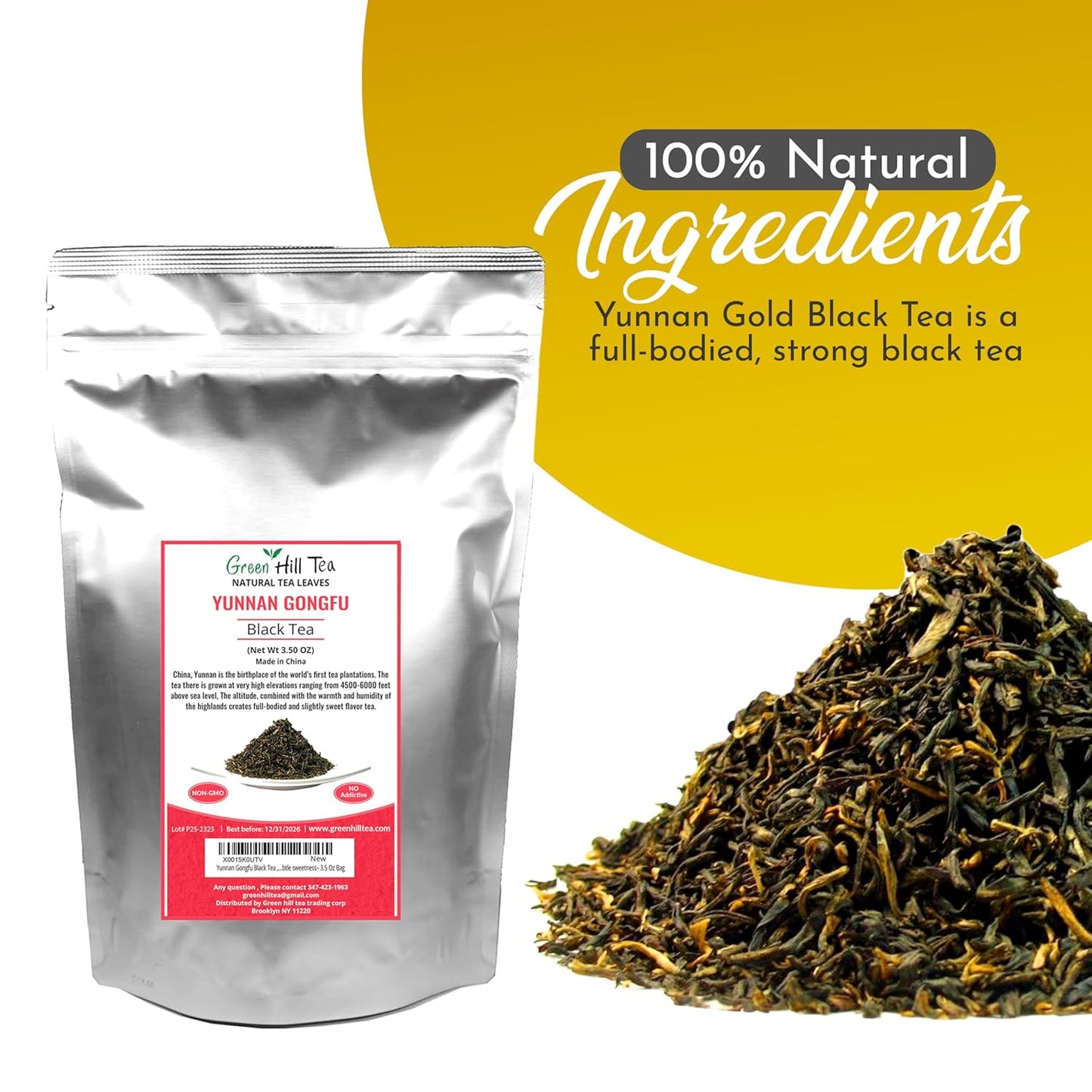 Yunnan Gongfu Black Tea , Natural Black Tea with Excellent fullness with subtle sweetness– 3.5 Oz Bag