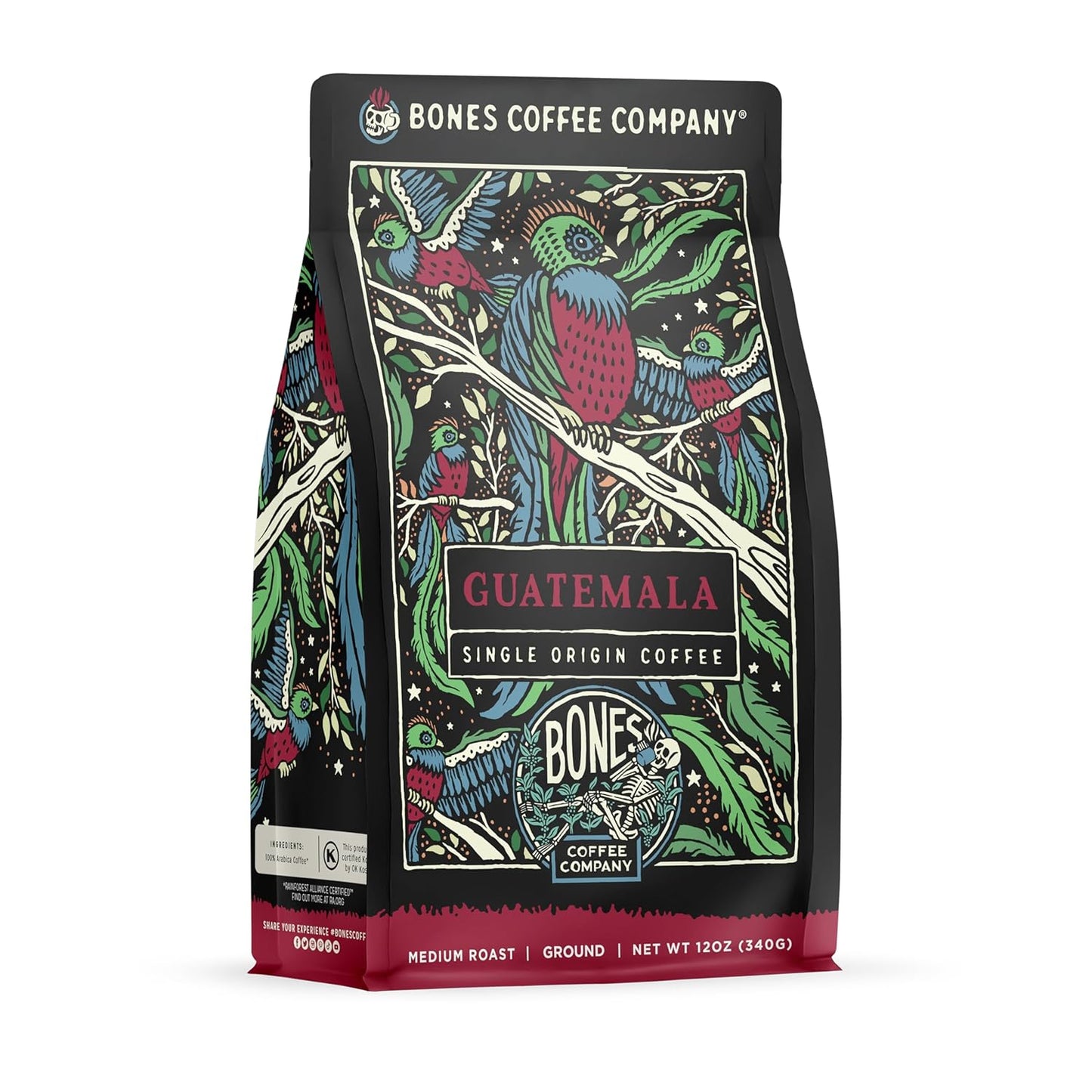 Bones Coffee Company Guatamela Single-Origin, Milk Chocolate, Citrus and Caramel Notes, Ground Coffee Beans, Low Acid Medium Roast Arabica Beans Flavored Coffee, 12 oz Ground