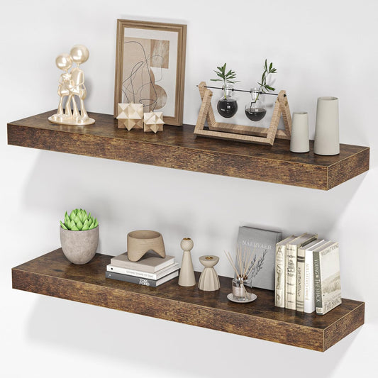 Floating Shelves for Wall, 31.5"W x 6.7"D x 1.5"H, Wooden Wall Mounted Display Shelf with Invisible Brackets for Living Room, Bedroom, Bathroom, Kitchen Decor & Storage, Set of 2, Rustic Brown