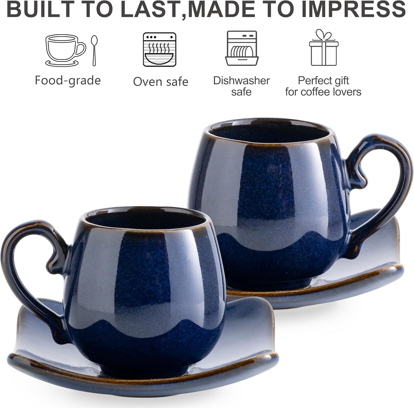 LYEOBOH 3oz Espresso Cups with Saucers, Small Coffee Cups Set of 6 with Spoons and Metal Stand, Ceramic Cute Demitasse Cups for Housewarming Wedding Gift, Cobalt Blue