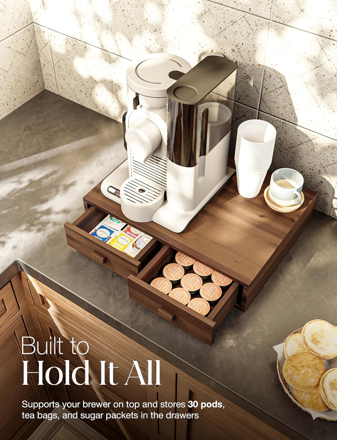 Tinamo Acacia Wood Coffee Pod Storage Drawer for K-cup Holder, Coffee Pod Drawer for Nespresso Pods Holder - Coffee Pod Holder with Drawers, Coffee Station Organizer for K Pod Holder (Walnut color)