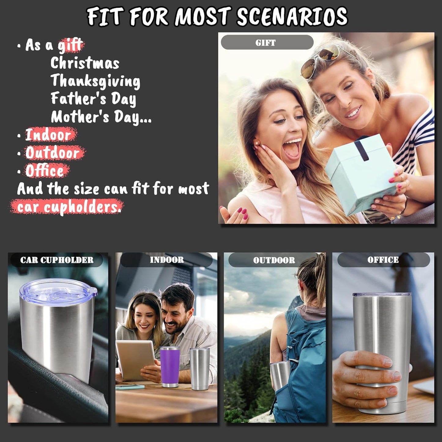 20 oz Tumbler with lid Double Wall Vacuum Insulated Tumblers Stainless Steel Coffee Mug Travel Coffee Tumbler Powder Coated Tumbler Cup Keep Hot&Cold - (Stainless 6 Pack)