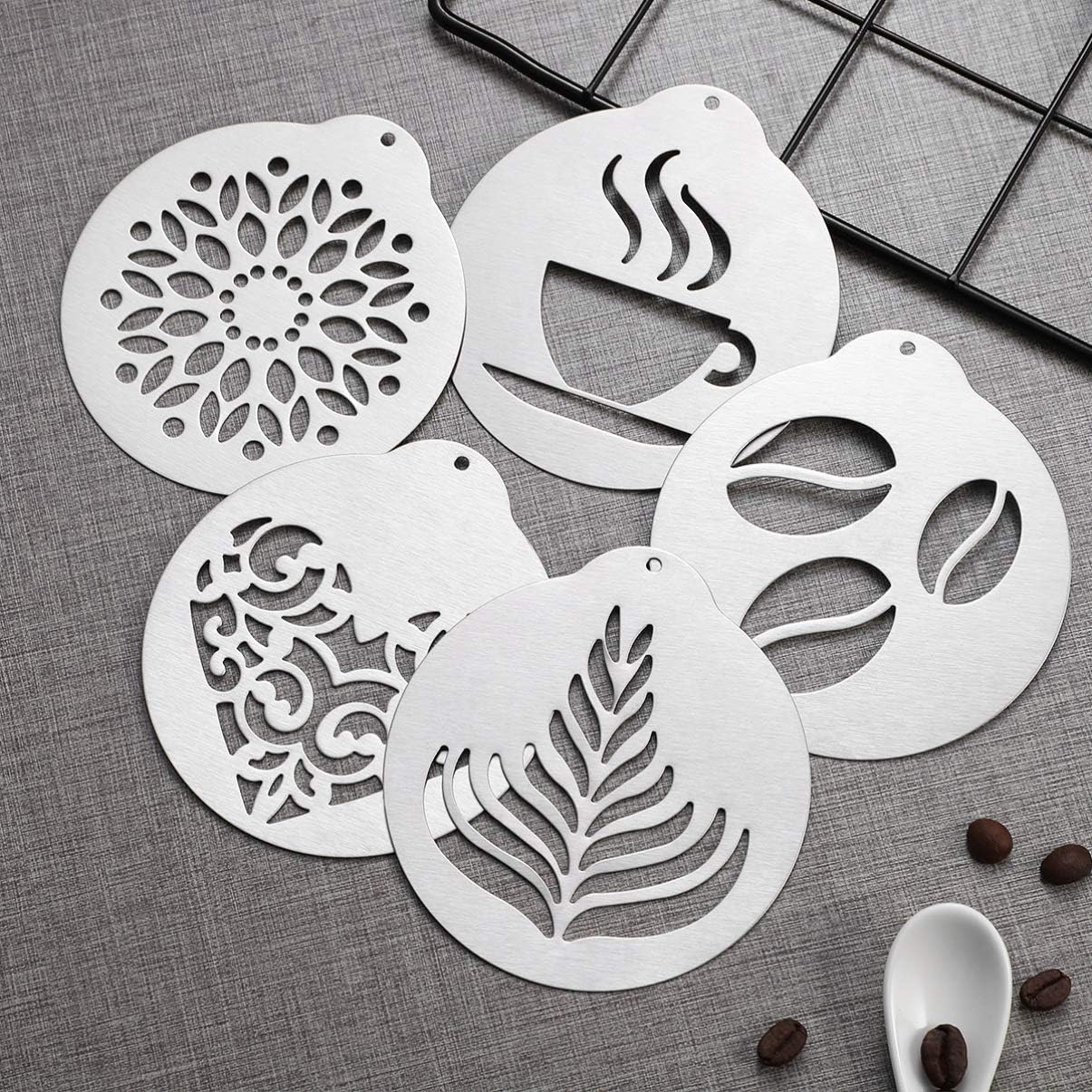 Coffee Decorating Stencils, 5Pcs Stainless Art Stencils Garland Mould Cappuccino Art Templates for Mousse, Cup Cake, Birthday Cake, Coffee, Hot Chocolate