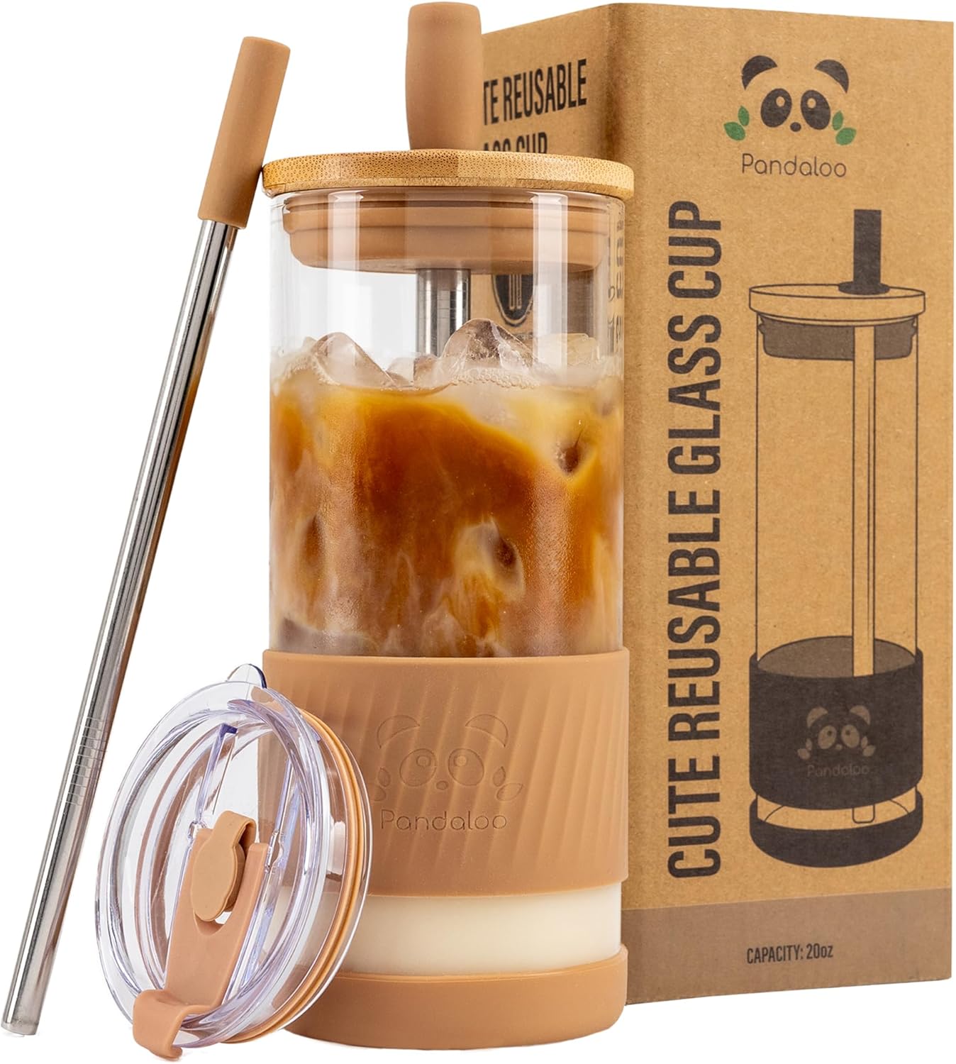 Pandaloo® Glass Cups With Lids and Straws -20 Fl Oz- Perfect Size Iced Coffee Cup - Smoothie Cup With Bamboo Lid and On the go Lid - Glass Tumbler With Straw (1 Count (Pack of 1), Amber Sand)