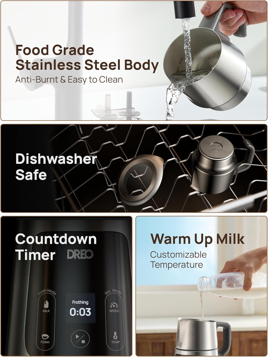 Dreo Milk Frother [Upgraded], All-in-1 Electric Foam Maker for Coffee, 15oz/450ml Automatic Foam Frother for Latte Art-level Microfoam, 30+ Drinks, Dishwasher Safe, Easy to Clean, LED display