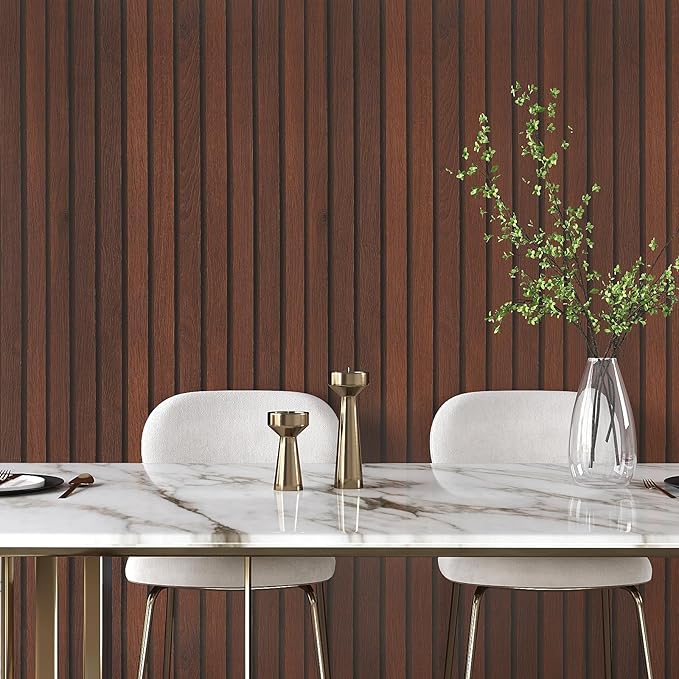 VEELIKE Wide Dark Walnut Wood Slat Peel and Stick Wallpaper Wood Contact Paper - Image 3