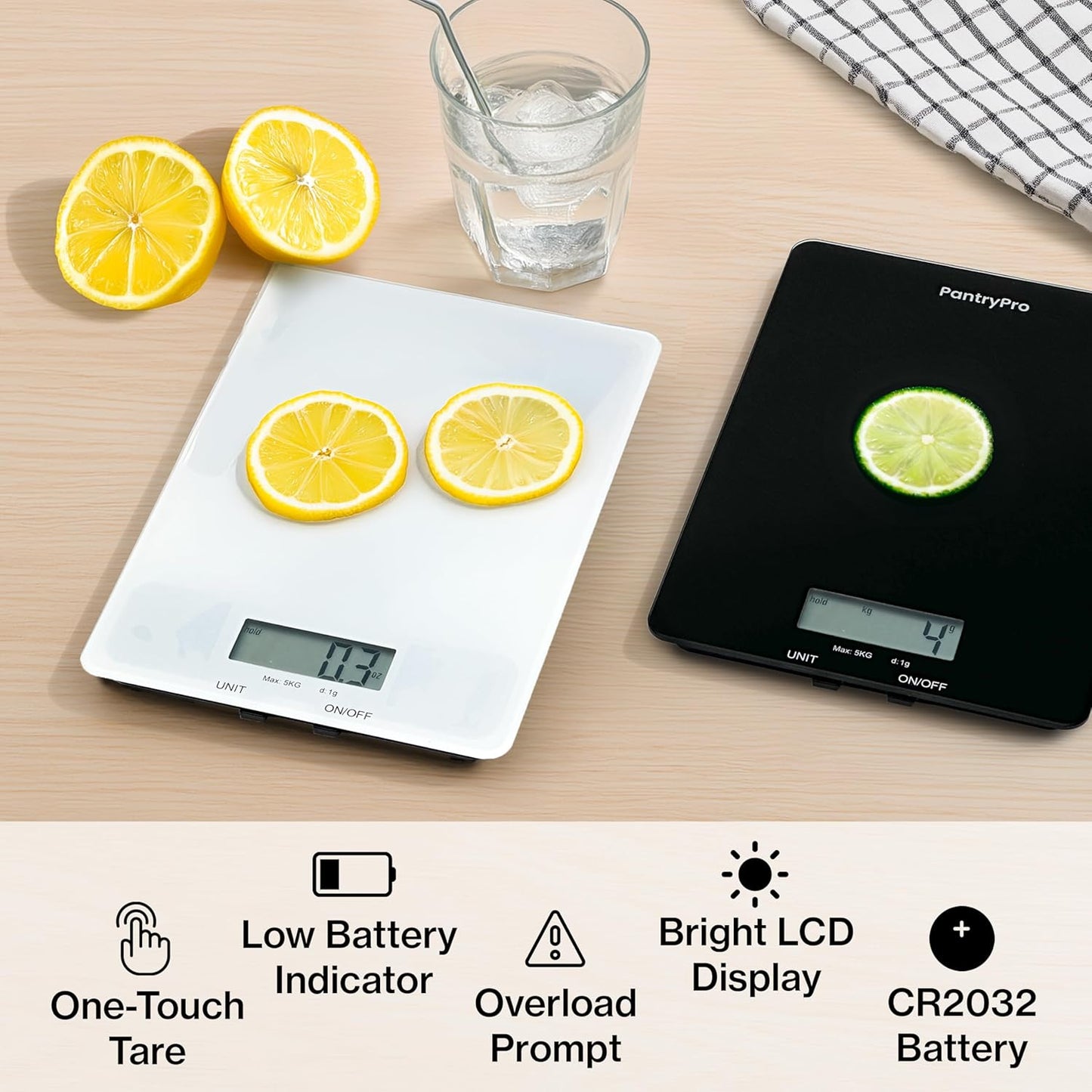 PantryPro Glass Platform Digital Kitchen Scale - 11lbs / 5kg Capacity - LCD Display g kg oz lb fl.oz ml - CR2032 Battery Included - White