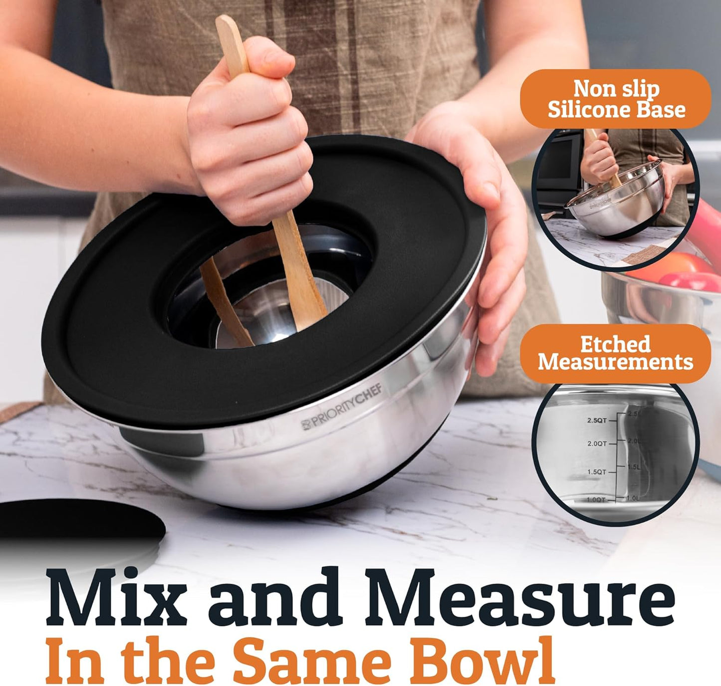 Priority Chef 6Pc Large Mixing Bowls With Lids Set with Non-Slip Bases, Stainless Steel Mixing Bowl Set, 6 Airtight Lids and 3 Graters, Black