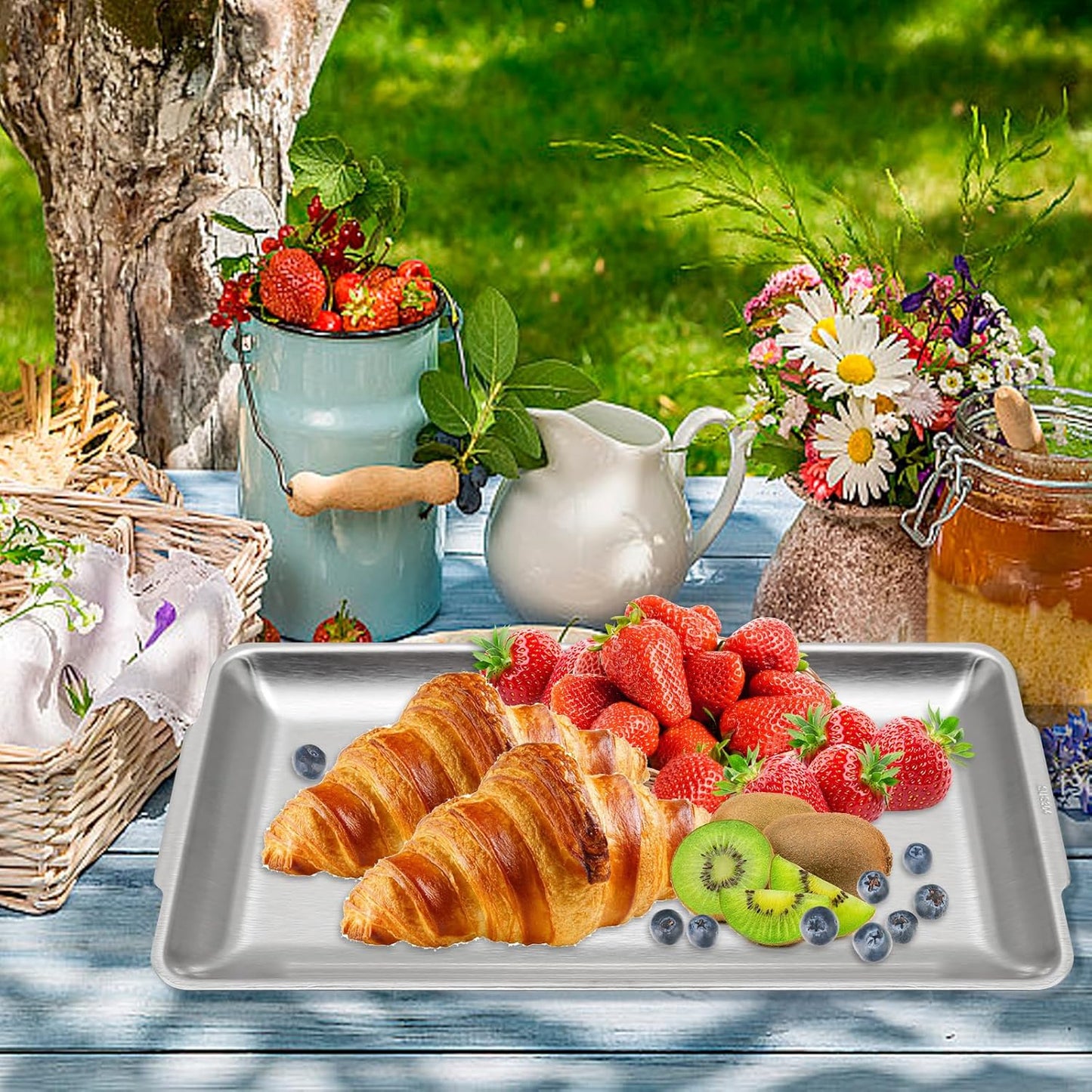 3Pcs 304 Stainless Steel Food Serving Tray, 12.6" Rectangular Serving Platters Multipurpose for Kitchen,Party Organizer Tray for Buffet Brushed Nickel (Silver)