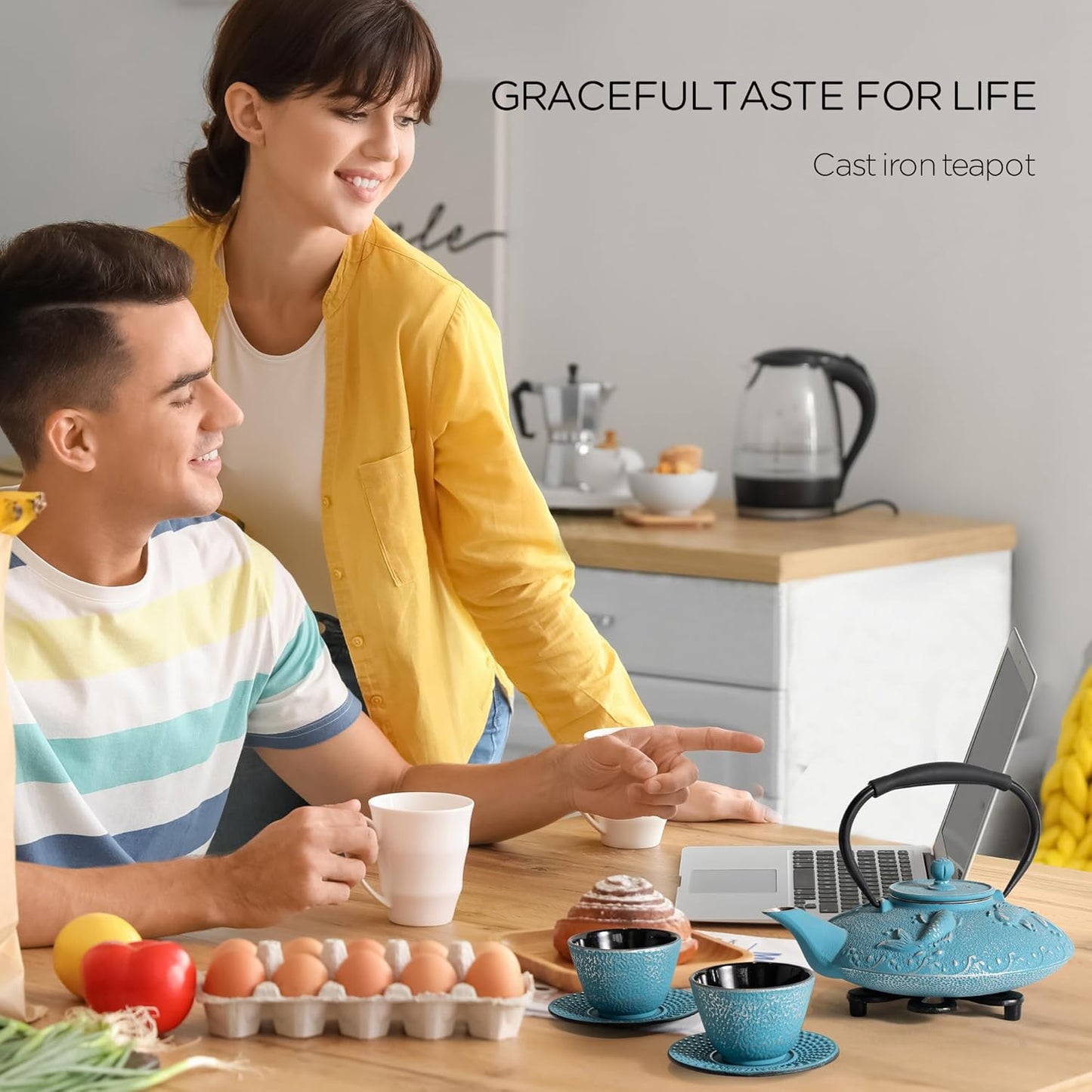 Cast Iron Teapot Set with 2 Tea Cups, Japanese Tea Kettle with Stainless Steel Infuser, Tea Pot Coated with Enameled Interior, Fish Pattern, 27oz 780ml Sky Blue