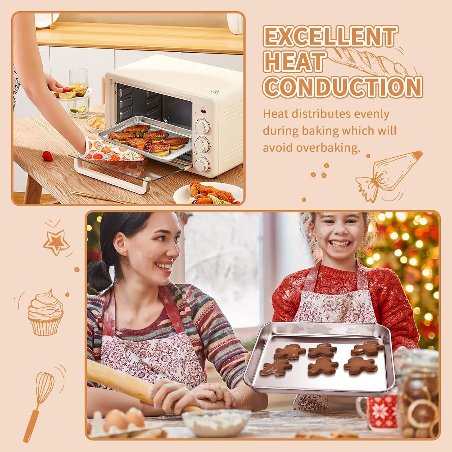 Stainless Steel Baking Sheet Set of 2, Deedro Cookie Sheet Metal Baking Pan Oven Tray, Non Toxic & Heavy Duty, Rust Free & Mirror Finish, Easy Clean & Dishwasher Safe, 10 x 8 x 1 Inch