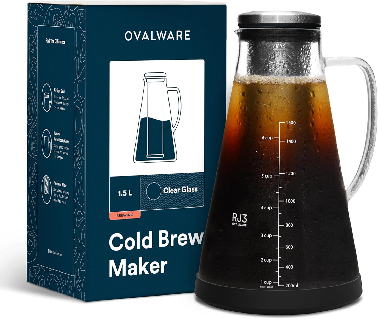 OVALWARE Airtight Cold Brew Iced Coffee Maker Pitcher (& Iced Tea Maker) with Spout – 1.5L/ 51oz Brewing Glass Carafe with Removable Stainless Steel Filter