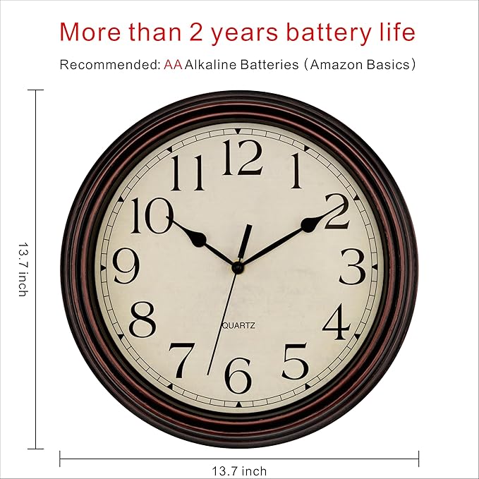 Foxtop 14 Inch Wall Clock Battery Operated Silent Non-Ticking Round Classic - Image 2