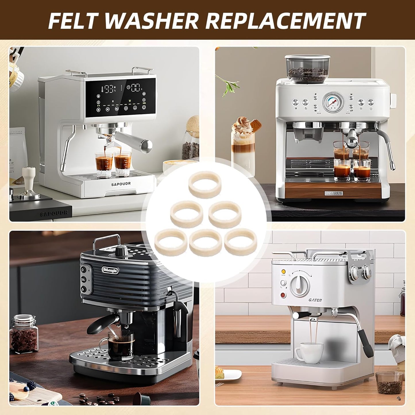 Felt Washer Replacement for Breville Espresso Machine Grinders (6 Pack), Felt Washer Lower Burr Wool Ring Compatible with BES870, BES878, BES880, BES980, BCG820 Accessories
