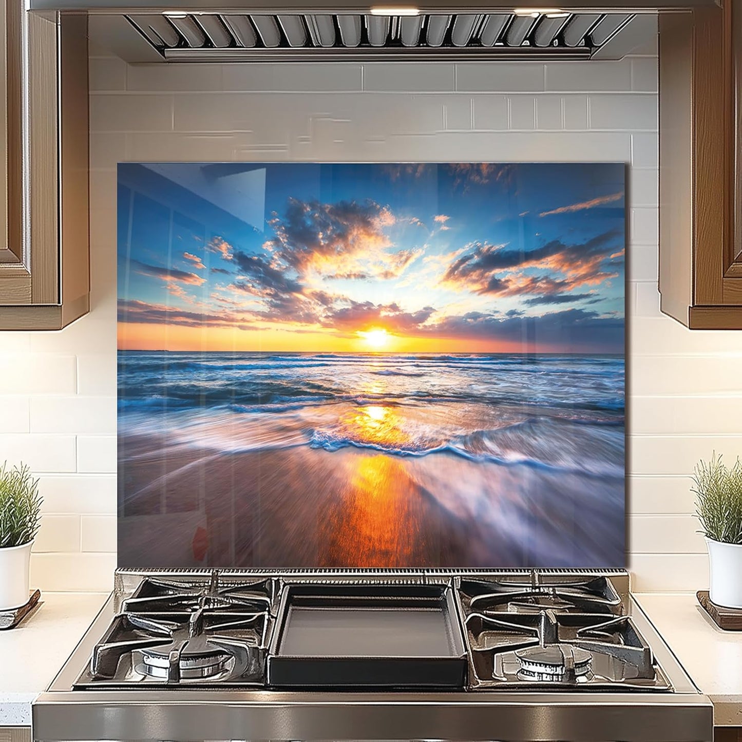Tempered Glass Backsplash For Kitchen Behind Stove,Sea Beach Stove Backsplash Top Cover,Easy to Clean Glass Splashback, Sink Cover Splash Guard,Home Kitchen Wall Decor (30"x24"(76.2x60.96cm))
