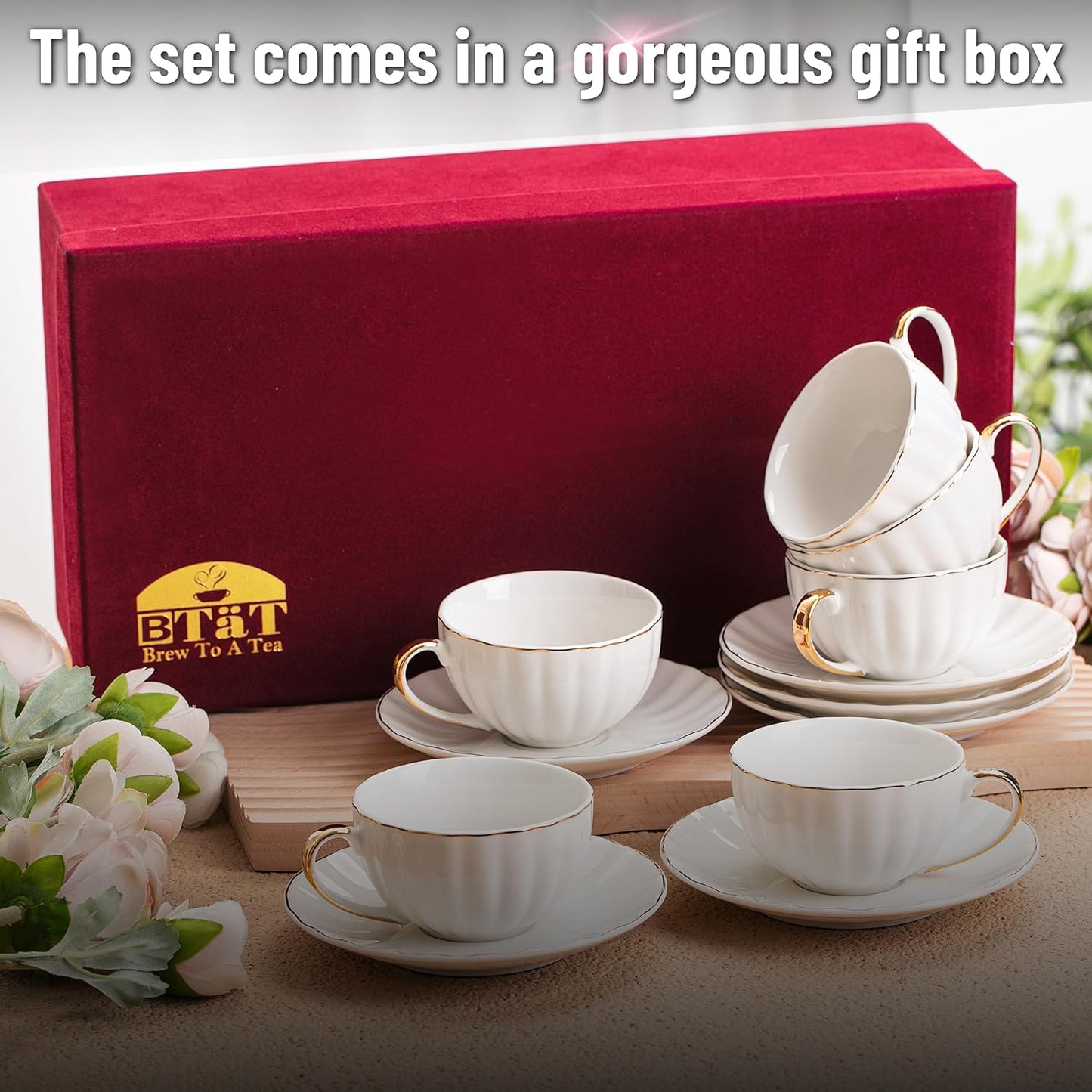 BTaT- White Tea Cups and Saucers Set With Gift Box, 7oz, Set of 6 With Gold Rim, for Adults, Bulk