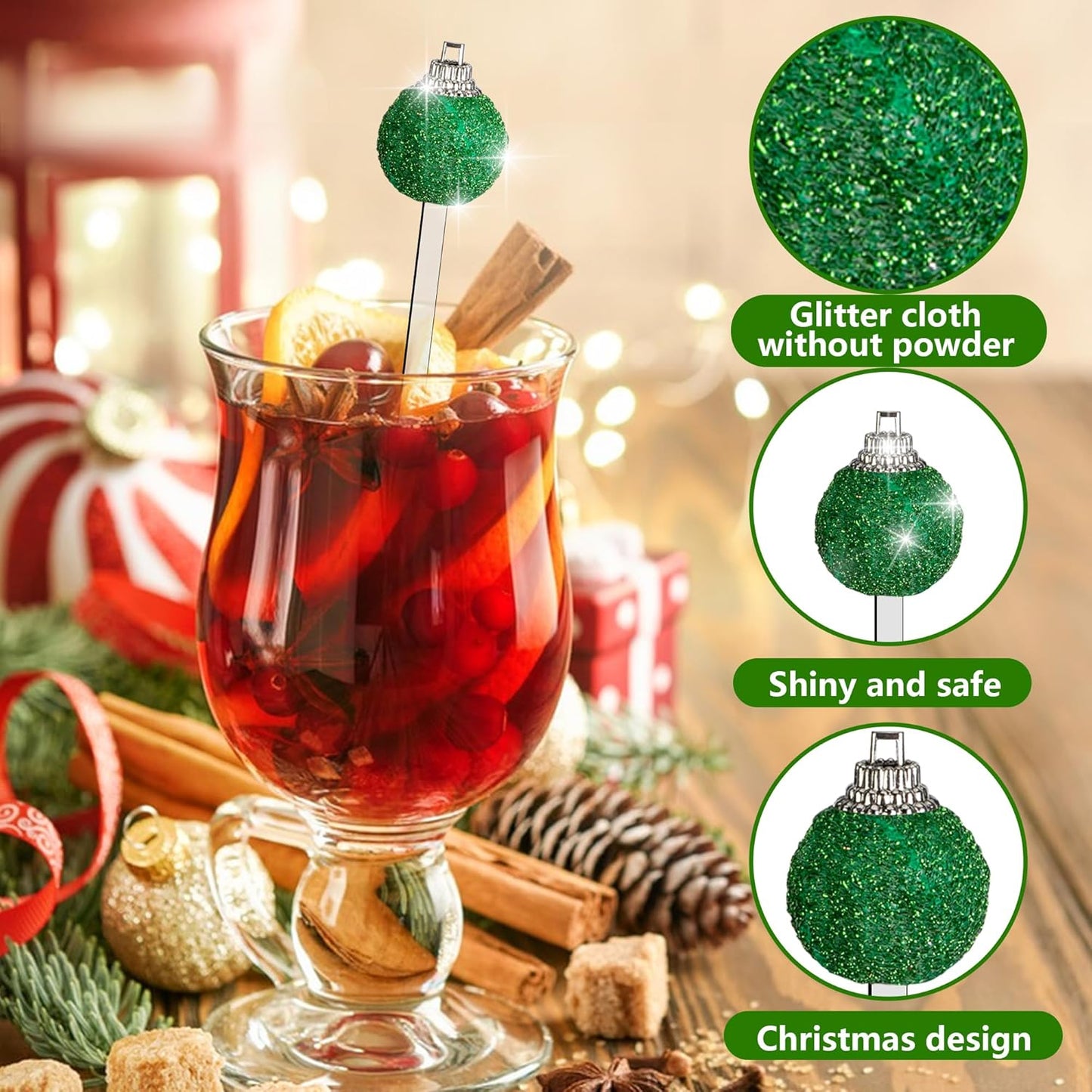 Iceyyyy 36 Pcs Christmas Glitter Ball Drink Stirrers-Reusable Round Top Christmas Stir Sticks-Colorful Swizzle Sticks for Home Holiday Cocktails Party Coffee Bar Juices Shop