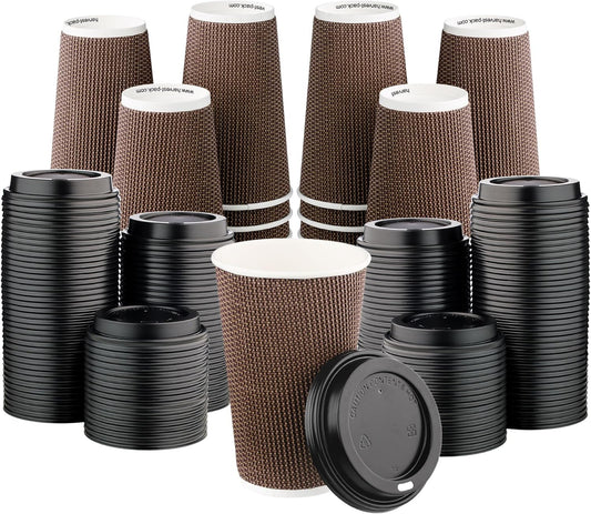 [340 SET]Harvest Pack 16 oz Disposable Coffee Cups, Insulated Ripple Double-Walled Paper Cups with Lids, Brown Geometric, Bulk Drinking Cups for Tea Hot Chocolate Drinks To go coffee cups