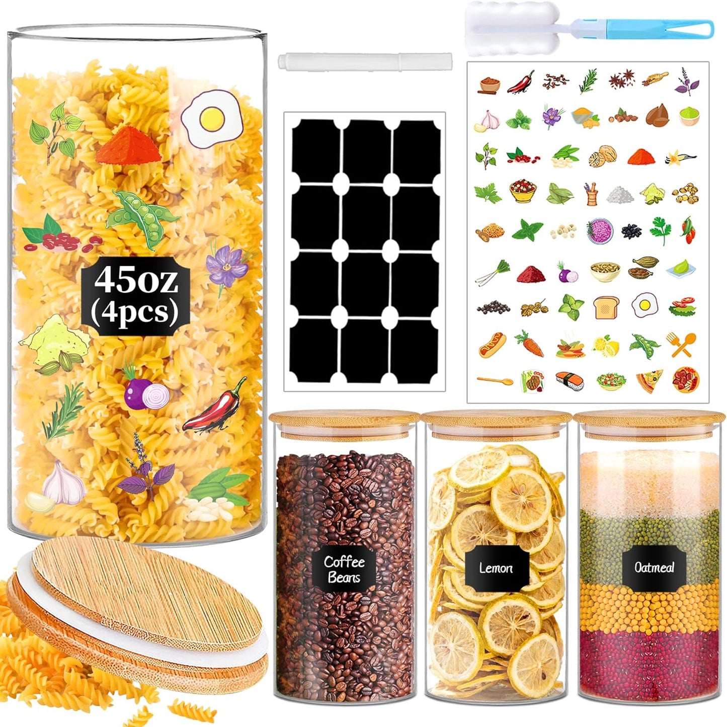 Glass Storage Jars 45 oz 4 Pcs Clear Glass Food Storage Containers with Airtight Bamboo Lid Stackable Kitchen Canisters for Candy, Cookie, Rice, Sugar, Flour, Pasta, Nuts