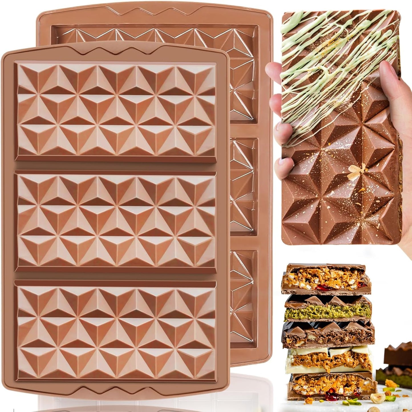 HKNMTT Chocolate Bar Mold Silicone, Large Stuffed Dubai Pistachio Deep Bar Moulds Kit 0.85 Inch Thick Big, Ideal for Homemade Making Candy Bar Bpa Free DIY Diamond Grid 2PCS