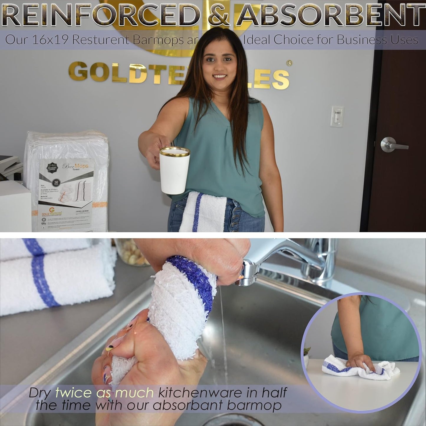 GOLD TEXTILES 36 PC New Cotton Blend White Restaurant Bar Mops Kitchen Towels 28oz (3 Dozen) (36, White)