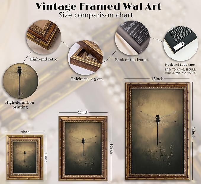 Vintage Gold Framed Wall Art Retro Dark Dragonfly Painting Canvas Prints Gothic - Image 5