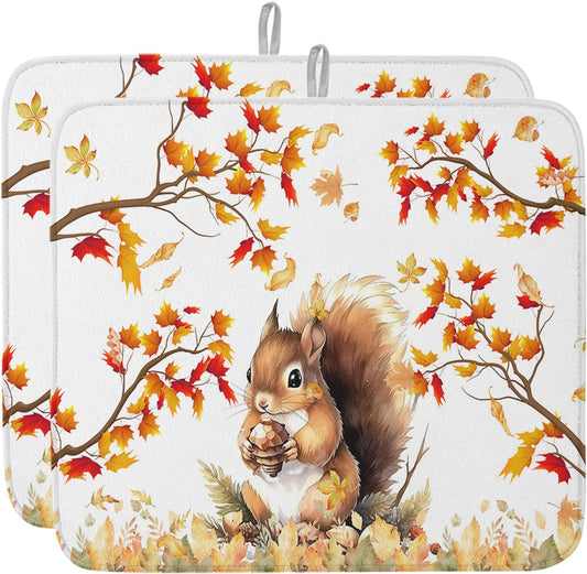 Fall Dish Drying Mat for Kitchen Counter Squirrel Drying Pad Absorbent Drying Mats for Countertops Sinks Draining Racks Pine Cone Autumn Maple Leaves Drainer Holiday Harvest Thanksgiving Decor 16x18