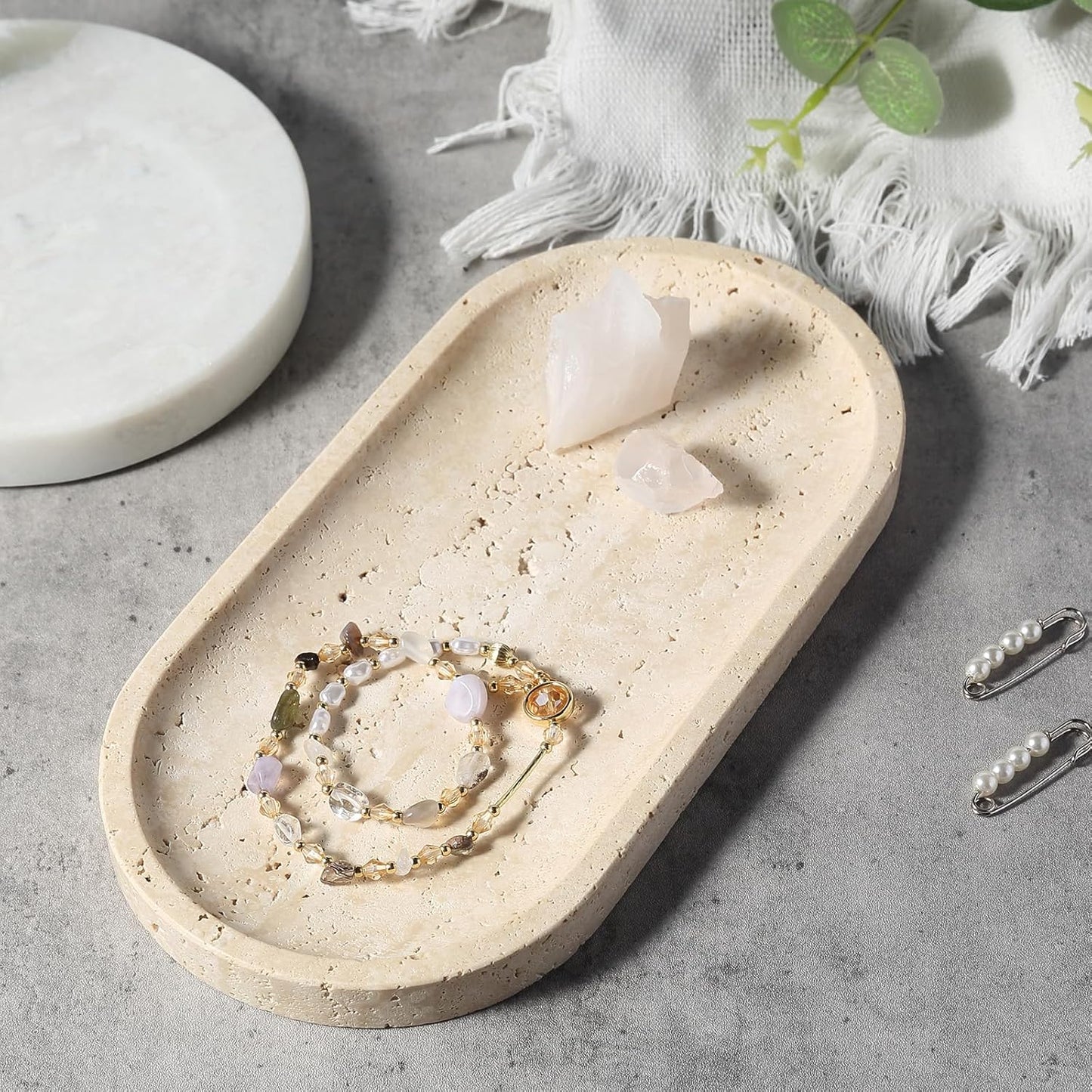 Koville Natural Marble Tray for Bathroom Counter, 10" x 5" Travertine Marble Storage Trays for Perfume, Cosmetics, Jewelry, Vanity Tray Stone Trays for Home, Decorative Tray for Dresser Organizer