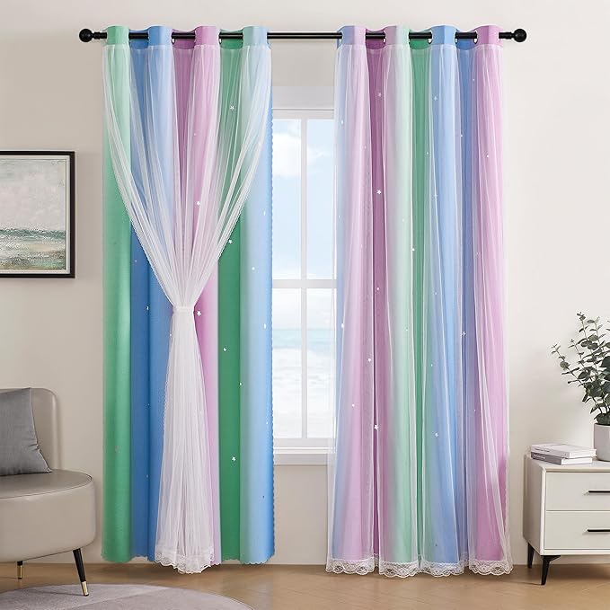 XiDi Curtains for Bedroom Decor, Rainbow Green PurpleBlue52/96/1 by Addsomecolortolife