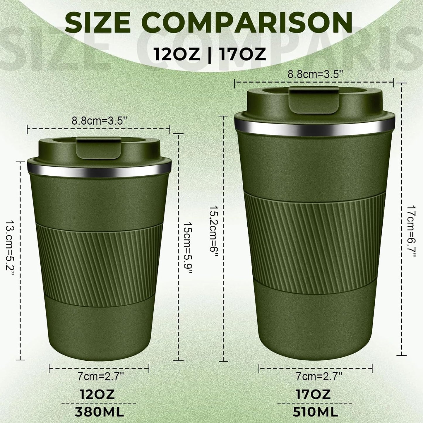 Insulated Coffee Tumbler 12 oz, Stainless Steel Coffee Mug with Lids, Travel Coffee Mug Leak Proof, Double Wall Vacuum Insulated Reusable Coffee Cup, Keep Drinks Hot and Cold, Military Green, 12 Ounce