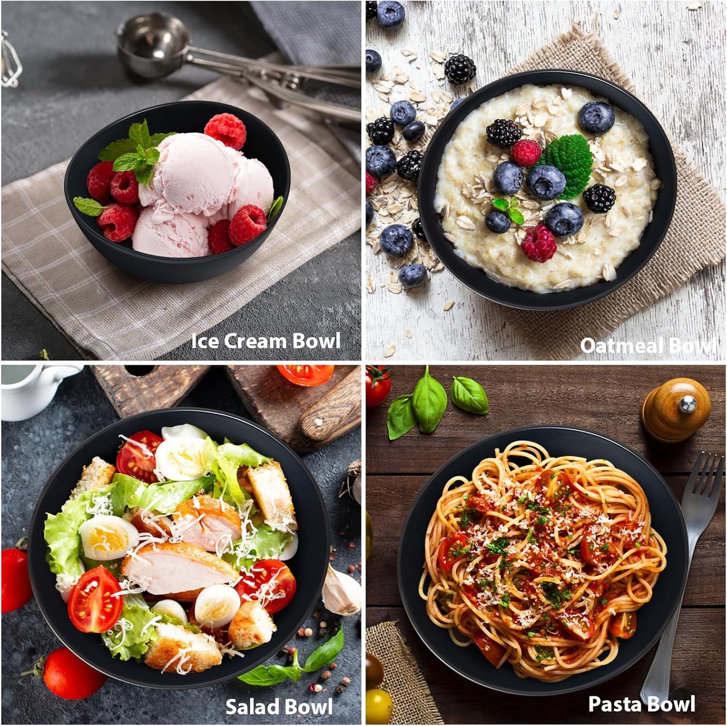 6.2'' Bamboo Fiber Cereal Bows Set of 6, Soup Bowls 24 Oz for Serving Salad, Snack, Side Dishes, Modern Oval Lightweight Bowls for Breakfast,Lunch and Dinner, Dishwasher and Freezer Safe(Matte black)