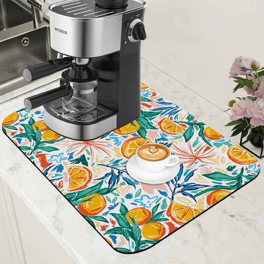 Dish Drying Mat Fruit Orange and Leaves Coffee Bar Mat for Countertop Absorbent Coffee Mat Rubber Backed Hide Stain Dish Drainer Rack Mat Coffee Maker Coffee Pot Dining Room Decor 11.8 x 19.7 Inch