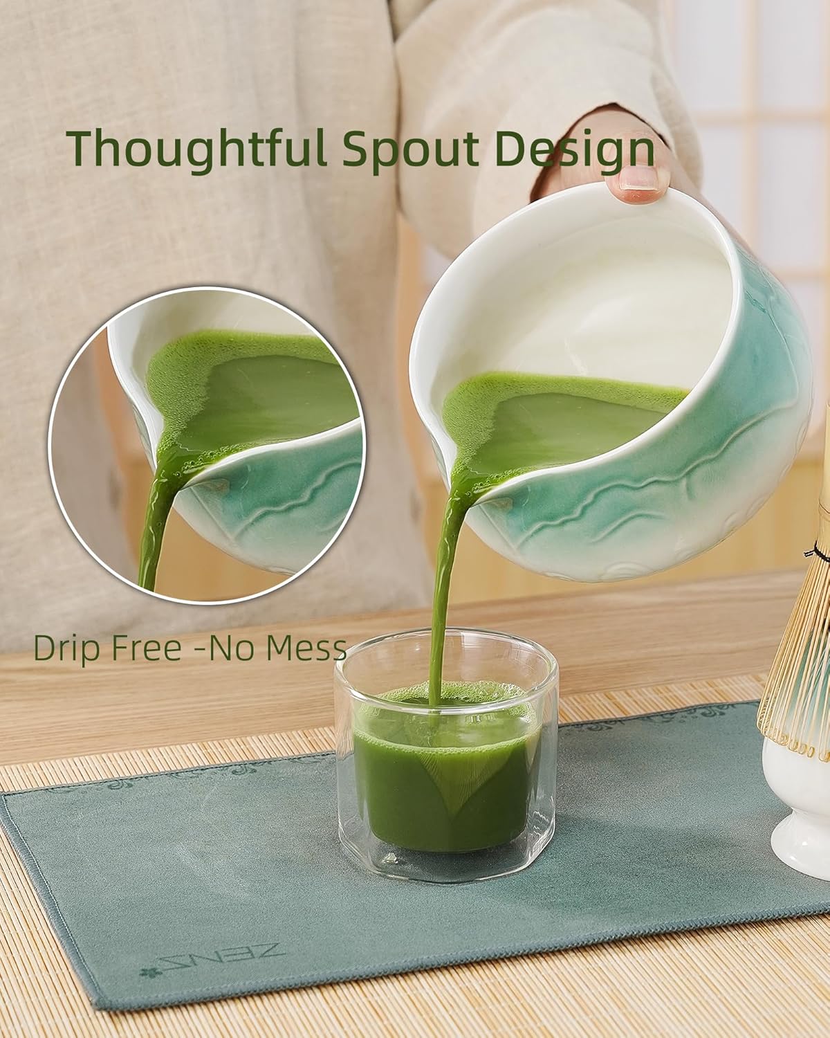 ZENS Matcha Whisk Set, Ceramic Matcha Set Includes Matcha Bowl, Matcha Whisk and Holder, Bamboo Scoop & Tea Towel - 5Pcs Matcha Kit for Matcha Ceremony, Blue