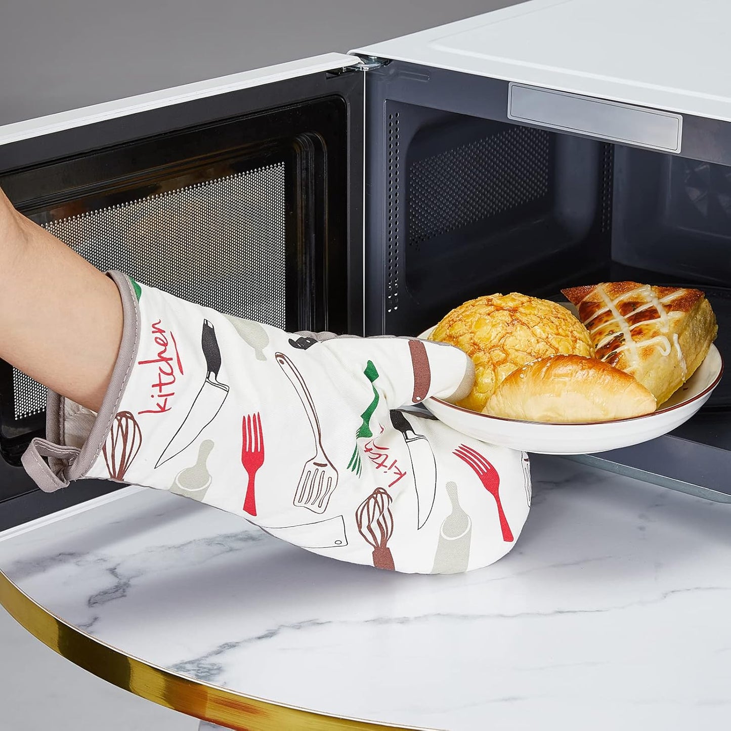 Oven Mitts and Potholders Dish Towles Set 100% Cotton for Perfect for Gifting, Baking, and Everyday Cooking Durable Heat Resistant for Kitchen and Machine Washable (3-Piece Fork and Knife)