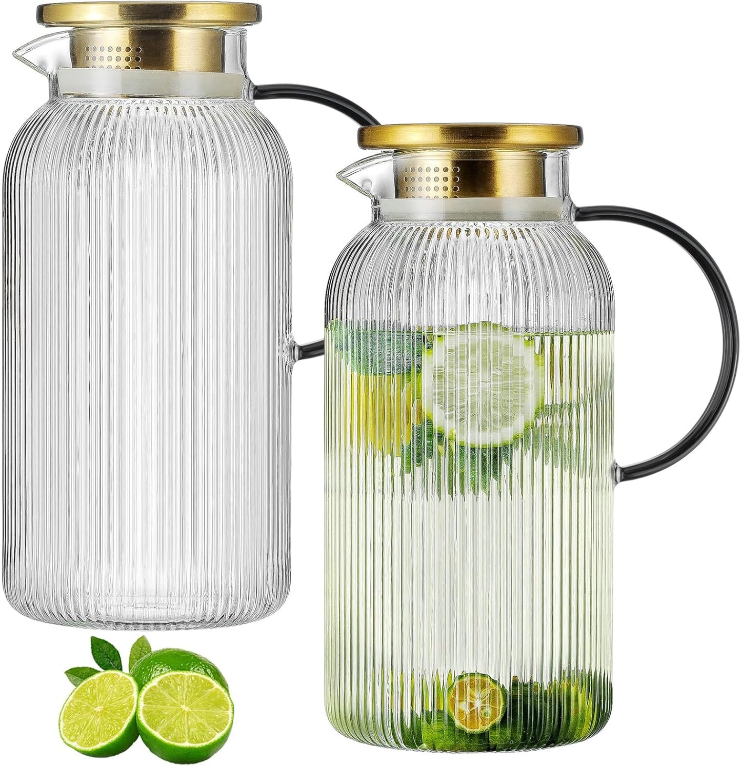 2 PACK Glass Pitcher with Lid,68 oz/ 2 Liter Vertical Stripes Water Pitcher With Black Handle,Glass Water Carafe for Cold Brew,Coffee, Lemonade, Iced Sun Tea,Beverage, Milk Heat Resistant