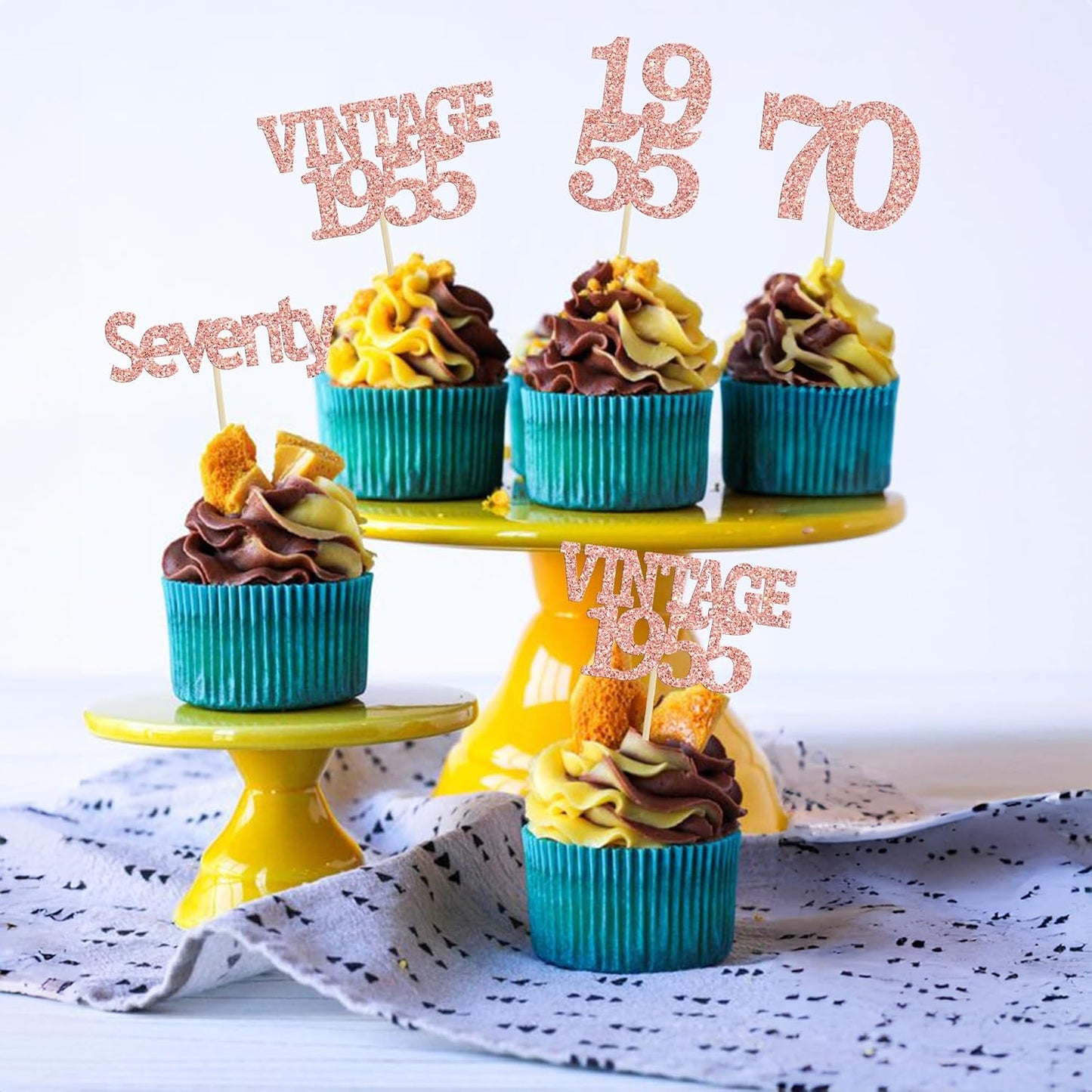 Gyufise 24Pcs 70th Birthday Cupcake Toppers Glitter Cheers to 70 Fabulous Seventy Vintage 1955 Cupcake Picks 70th Birthday Wedding Anniversary Party Cake Decorations Supplies Rose Gold