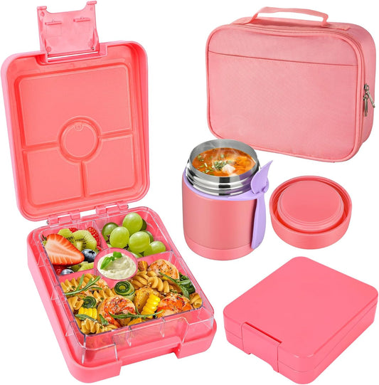 Bento Lunch Box Set With 10oz Soup Thermo, Leak-proof Lunch Containers with 4 Compartment, Kids Hot Thermo Food Jar/Insulation Lunch Bag, Food Containers for School（Solid）