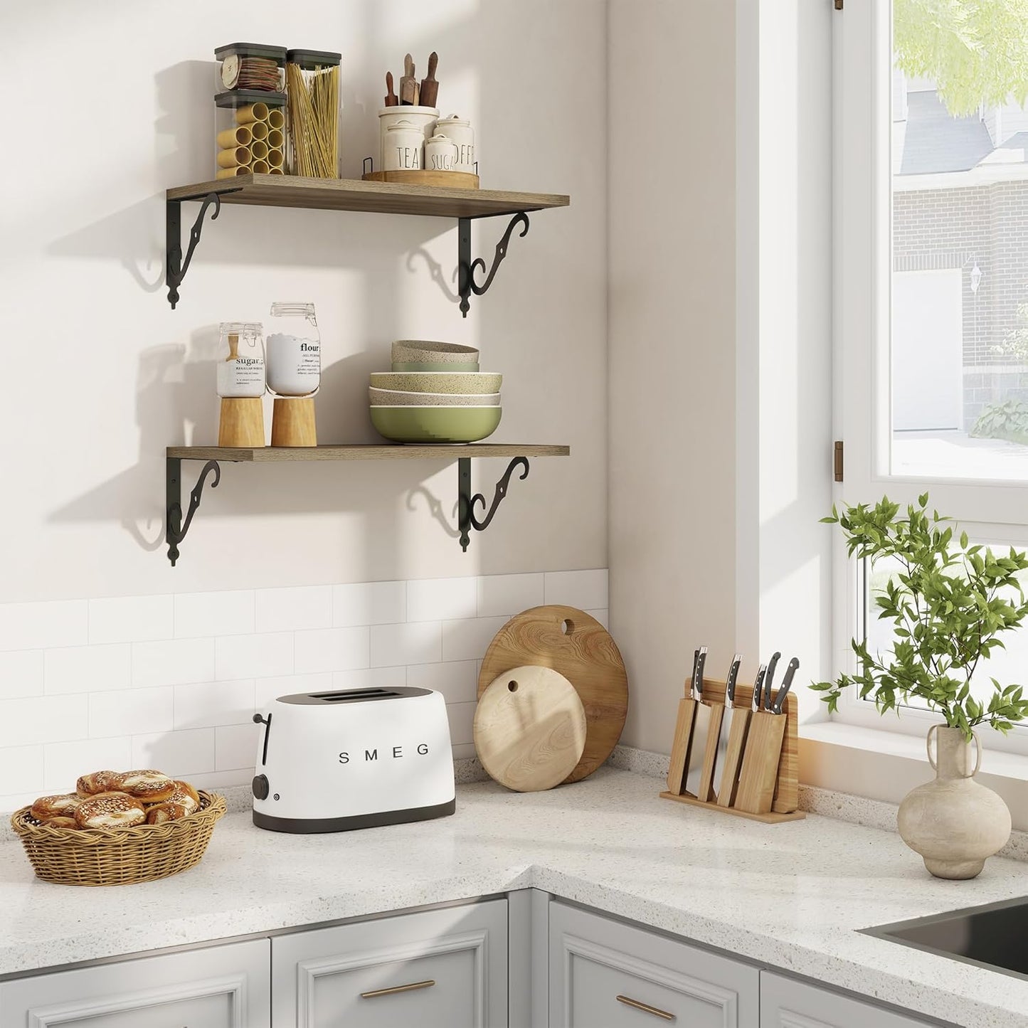 RICHFOCUS 12 Inch Deep Floating Shelves for Wall, 24" W x 12" D Wood Wall Shelves Set of 2, Wide Floating Shelves for Living Room, Bedroom, Kitchen, Bathroom and Decor Storage, Grey