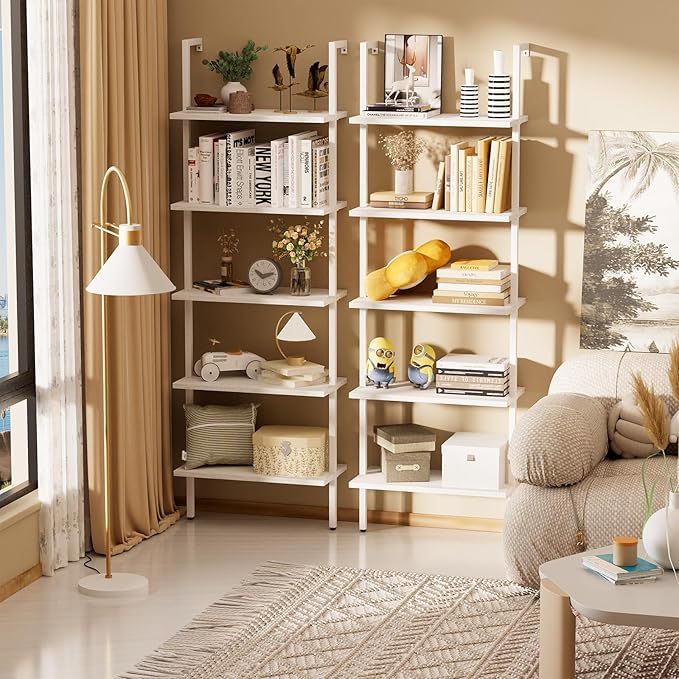 aboxoo Ladder Shelf 2 PCS White Bookshelf 5-Tier Wooden Open Shelf Wall-Mounted - Image 2
