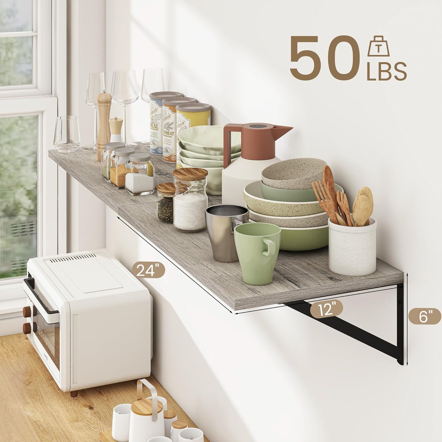 Dreamland Deep Floating Shelves for Wall, Grey Wood Wall Mounted Shelves, Large Floating Shelf 12 * 24 inchSet of 2 for Bookshelf Living Room Bedroom Home Office Bathroom