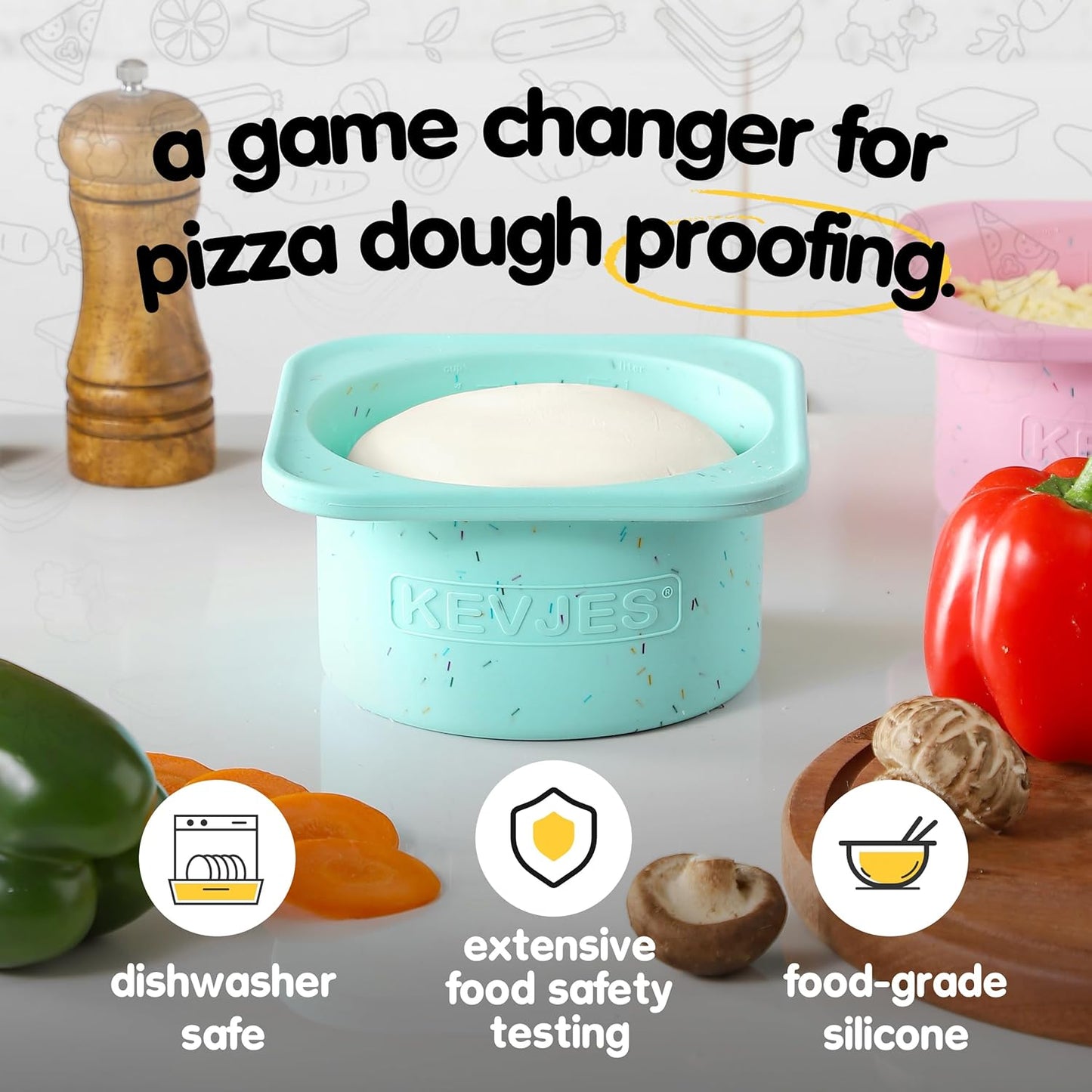 PLUS 1000ml Pizza Dough Proofing Containers for DIY family Artisan Pizza, Food Grade Silicone Stackable Boxes with Lids, Freezer, Fridge, Dishwasher Safe-Sprinkles Pattern-3 Pack (Bondi Mint)