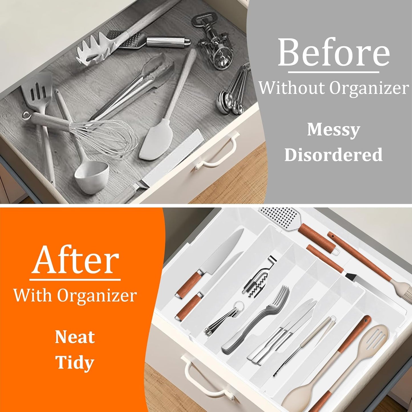 Expandable Large Silverware Organizer - BPA-Free Utensil Organizer for Kitchen Drawer, Adjustable Silverware Drawer Organizer Flatware Cutlery Tray for Spoons Forks Knives,10.2"-17.2" Wide