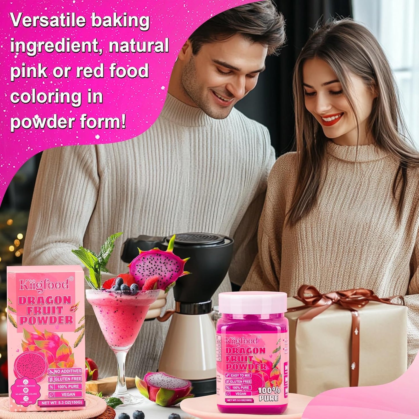 Dragon Fruit Powder - Kiigfood 5.3 oz/150g Natural Fruit Powder, Freeze-Dried Pink Pitaya Powder for Dragon Fruit Syrup, Drink, Baking, Smoothies, Cocktail, Food Coloring - Vegan, Non-GMO, Gluten-Free