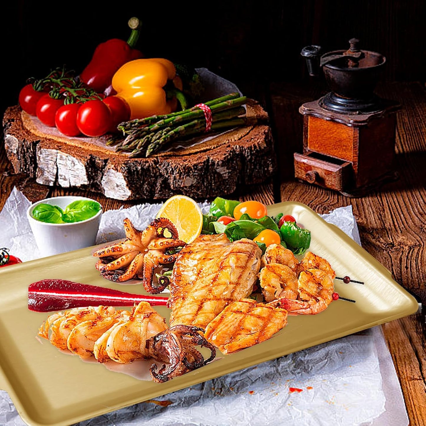 3Pcs 304 Stainless Steel Food Serving Tray, 12.6" Rectangular Serving Platters Multipurpose for Kitchen,Party Organizer Tray for Buffet Brushed Nickel (Gold)