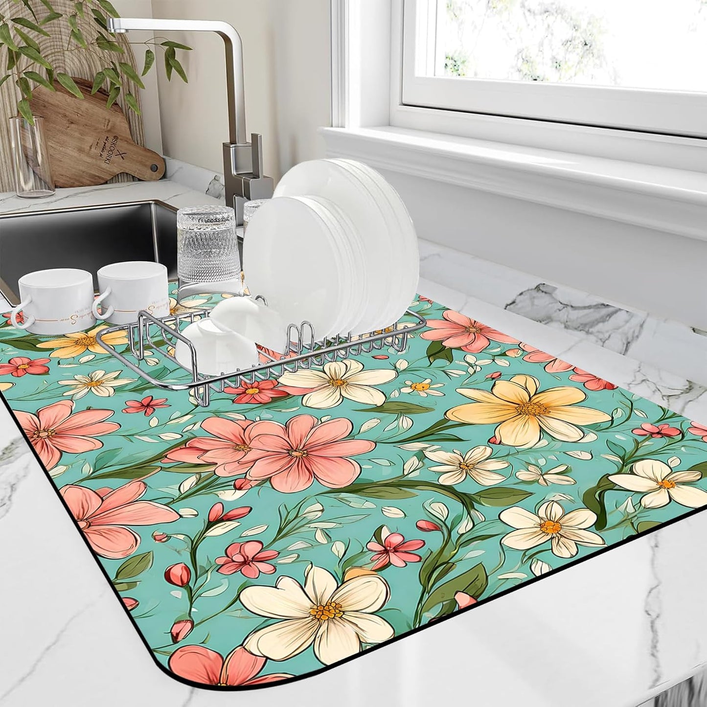 Dish Drying Mat Spring Flower Kitchen Mat 12"x19" Bsorbent Coffee Maker Mat for Dishes,Utensils Coffee Maker Pots and Pans Easy Clean Dish Slip Resistant Pad