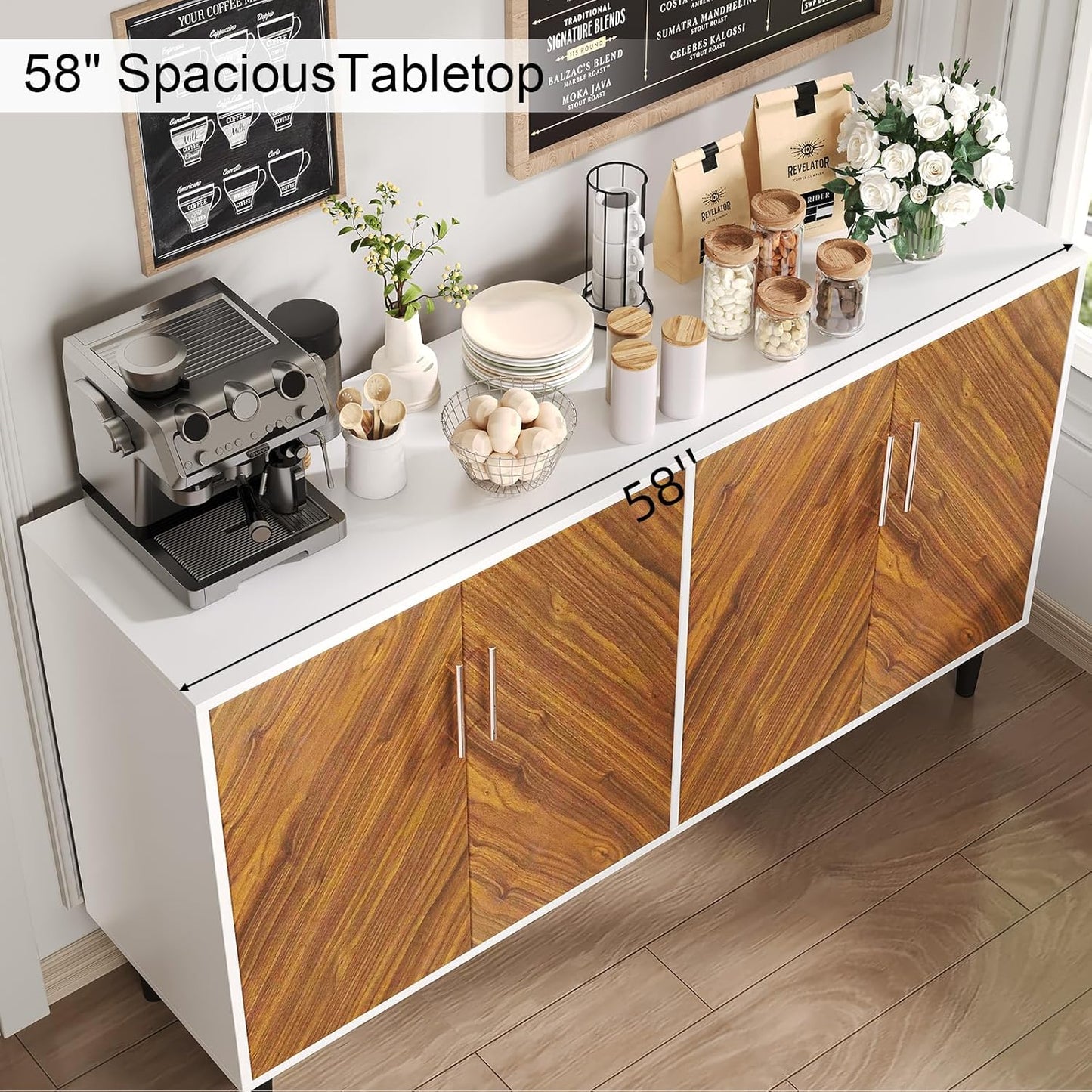 4 EVER WINNER 55" Sideboard Buffet Cabinet with Storage, Coffee Bar Cabinet with Adjustable Shelves, Kitchen Storage Cabinets with 4 Doors for Kitchen, Dining Room