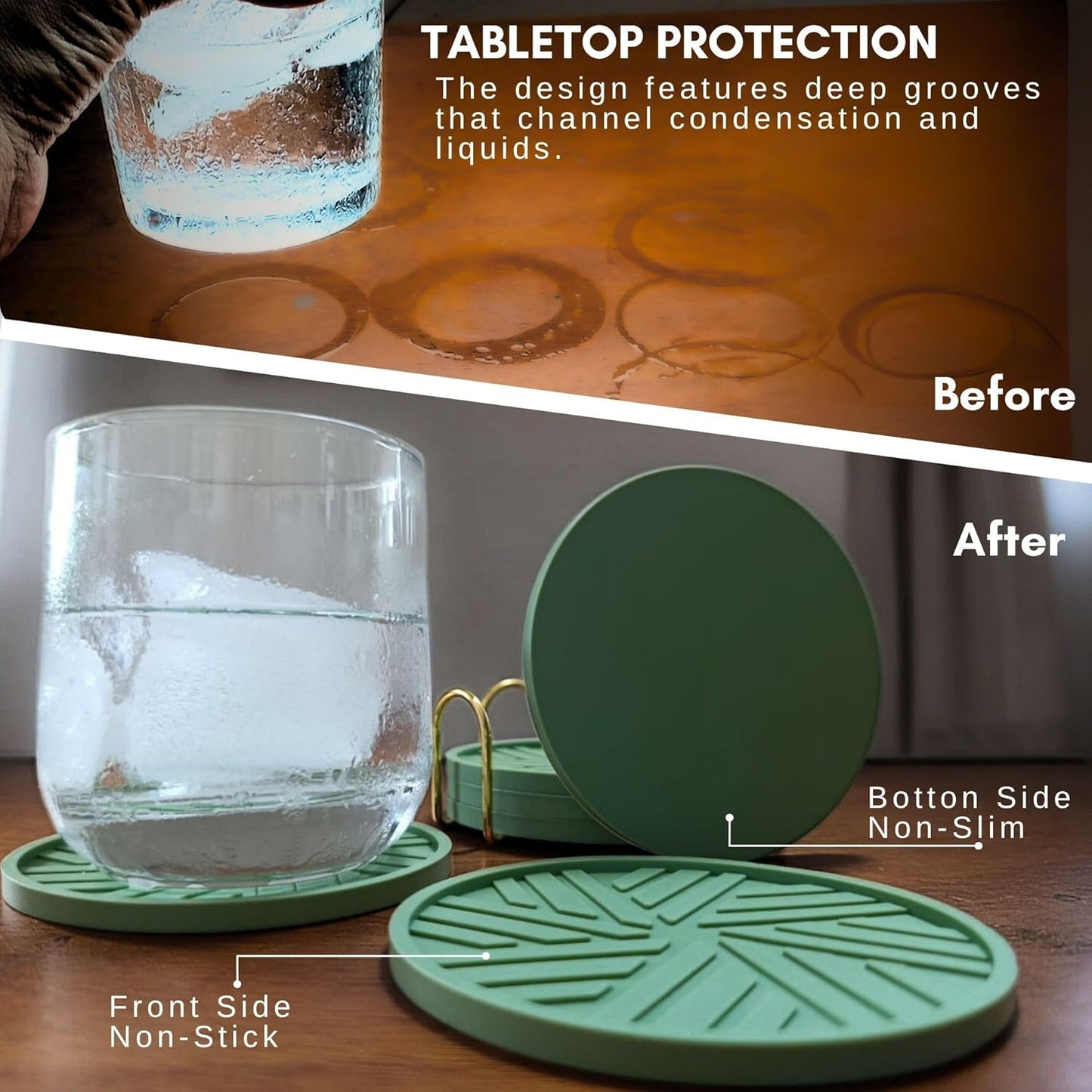 Silicone Coasters Set of 6 with Holder - Unique and Modern Pattern for Coffee Table Decor, Help to Prevents Liquid Dripping with ridges Design Durable and Aesthetic - Sage Green