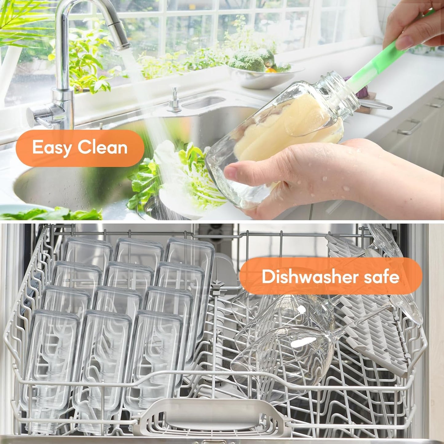 STARSIDE 16 oz Glass Juice Bottles with Lids 6 Pack - Square Reusable Drinking Jars for Juicing, Milk, Kombucha - Includes 1 Bottle Brush, 6 Colored Labels