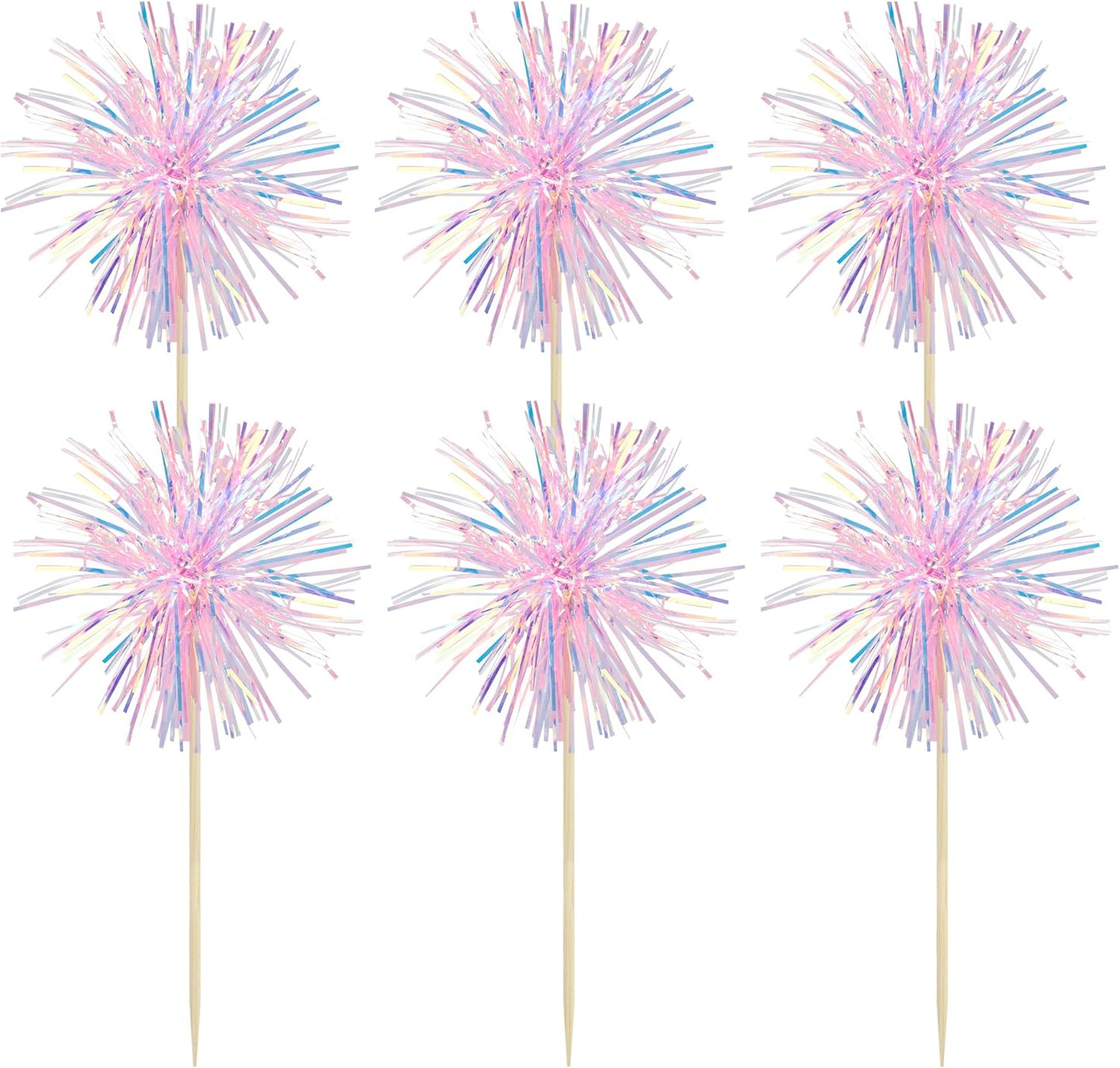 Gyufise 30Pcs Foil Firework Cupcake Toppers Sparkle Tinsel Cake Toppers Tinsel Drink Cake Decoration Cocktail Picks for Birthday Wedding Graduation Party Supplies Laser Pink